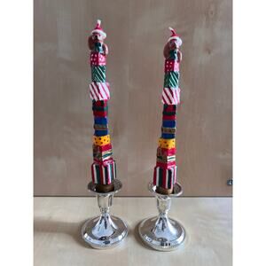 Vintage Giftco Set of 2 Holiday Teddy Bear Taper Candles Stacked Presents  NIB